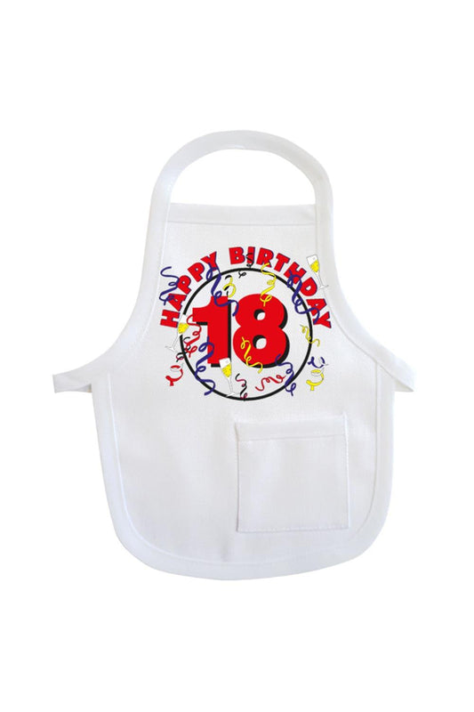 Einfach die Mini-Schuerze um eine Flasche oder um ein Geschenk haengen & binden und fertig ist die originelle Geschenkverpackung. Die  Flaschenschuerze mit der Aufschrift: Happy Birthday. Zusaetzlich ist auf der kleinen Schuerze die Geburtstagszahl 18 aufgedruckt. Eine kreative Geschenkverpackung zum 18. Geburtstag.