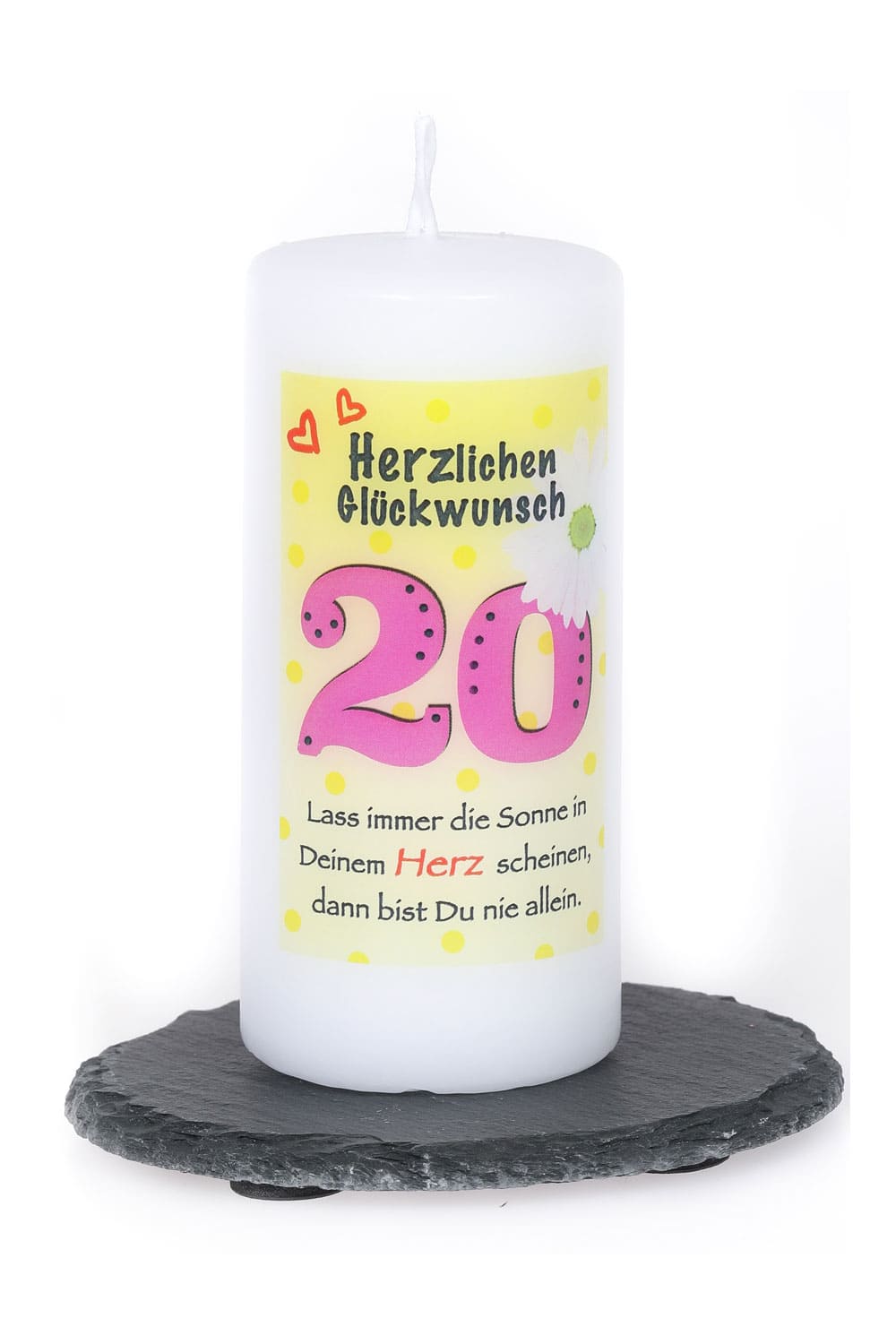20. Geburtstag Spruchkerze rosa als Geschenk. Kerze mit der Zahl 20 und einem Spruch sowie Gedicht, bedruckt. Geschenk zum 20. Geburtstag.