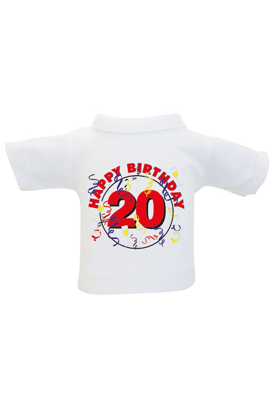 Das Mini T-Shirt ist ein lustiges Accessoire fuer Plueschtiere, Geschenke und Flaschen. Einfach das Mini Shirt einer Weinflasche oder einem Teddy anziehen und fertig ist die originelle Geschenkverpackung. Kleines Spruchshirt mit der Aufschrift: Happy Birthday 20. 