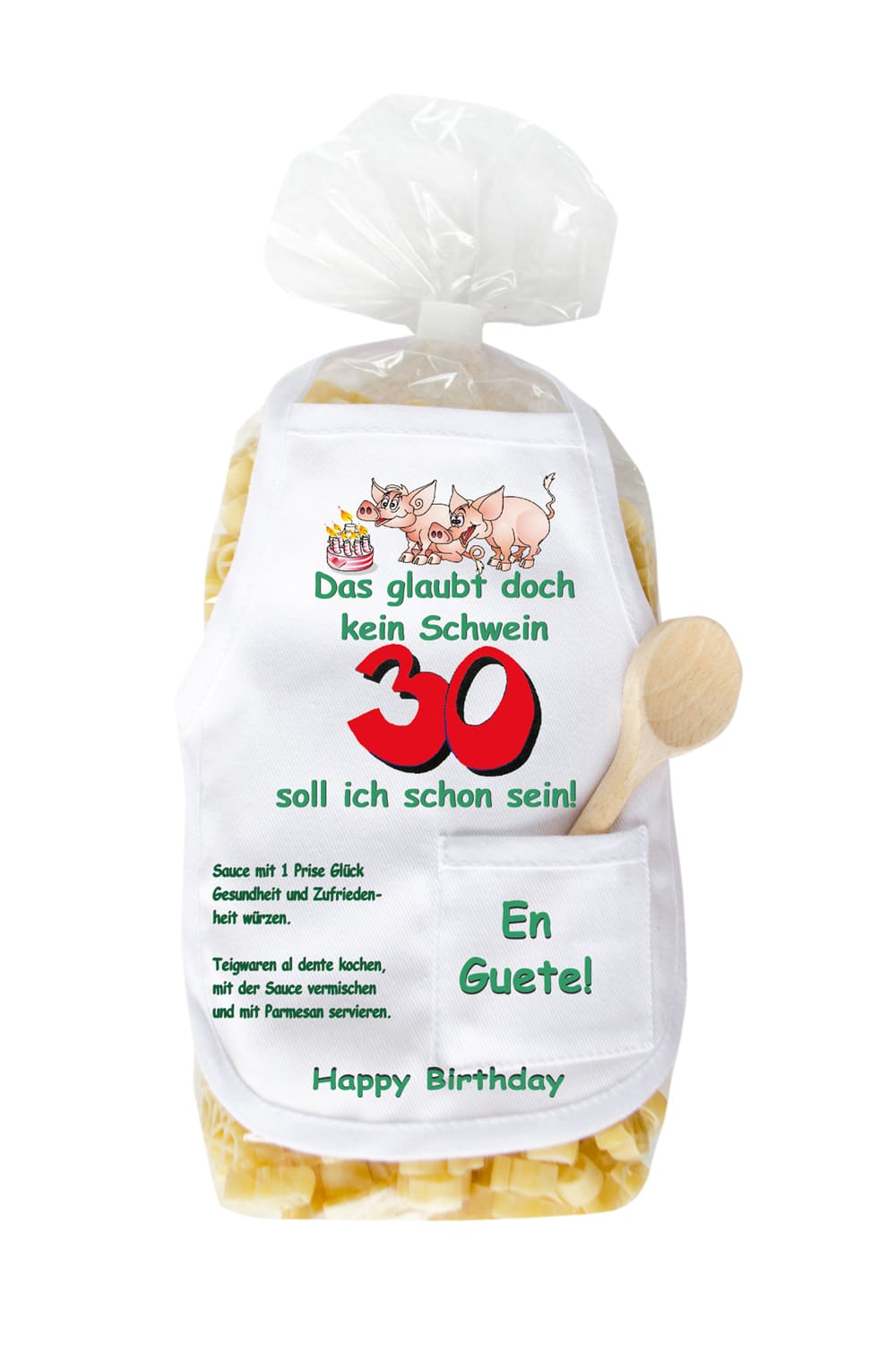 Die Pasta zum 30. Geburtstag sind in Form eines Schweinchen und in einer schoenen Verpackung. Auf der Mini Kochschuerze sind Schweine und eine Torte abgebildet sowie der Spruch: Das glaubt doch kein Schwein, 30 soll ich schon sein. Grossartiges Geburtstagsgeschenk zum 30. Geburtstag.