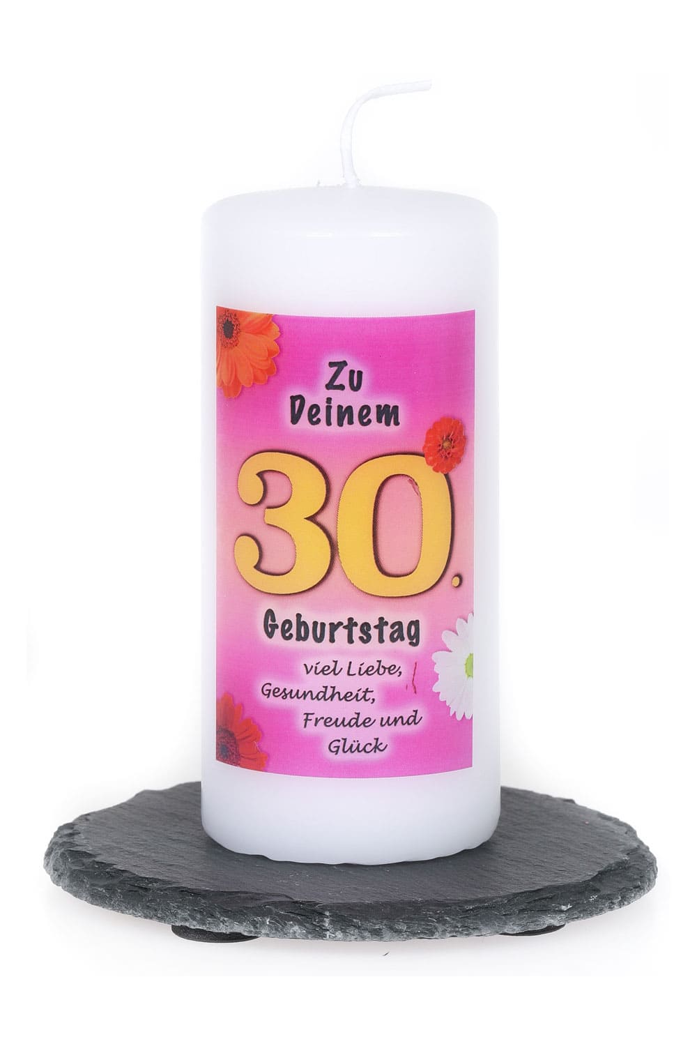 30. Geburtstag Spruchkerze rosa als Geschenk. Kerze mit der Zahl 30 und einem Spruch sowie Gedicht, bedruckt. Geschenk zum 30. Geburtstag.