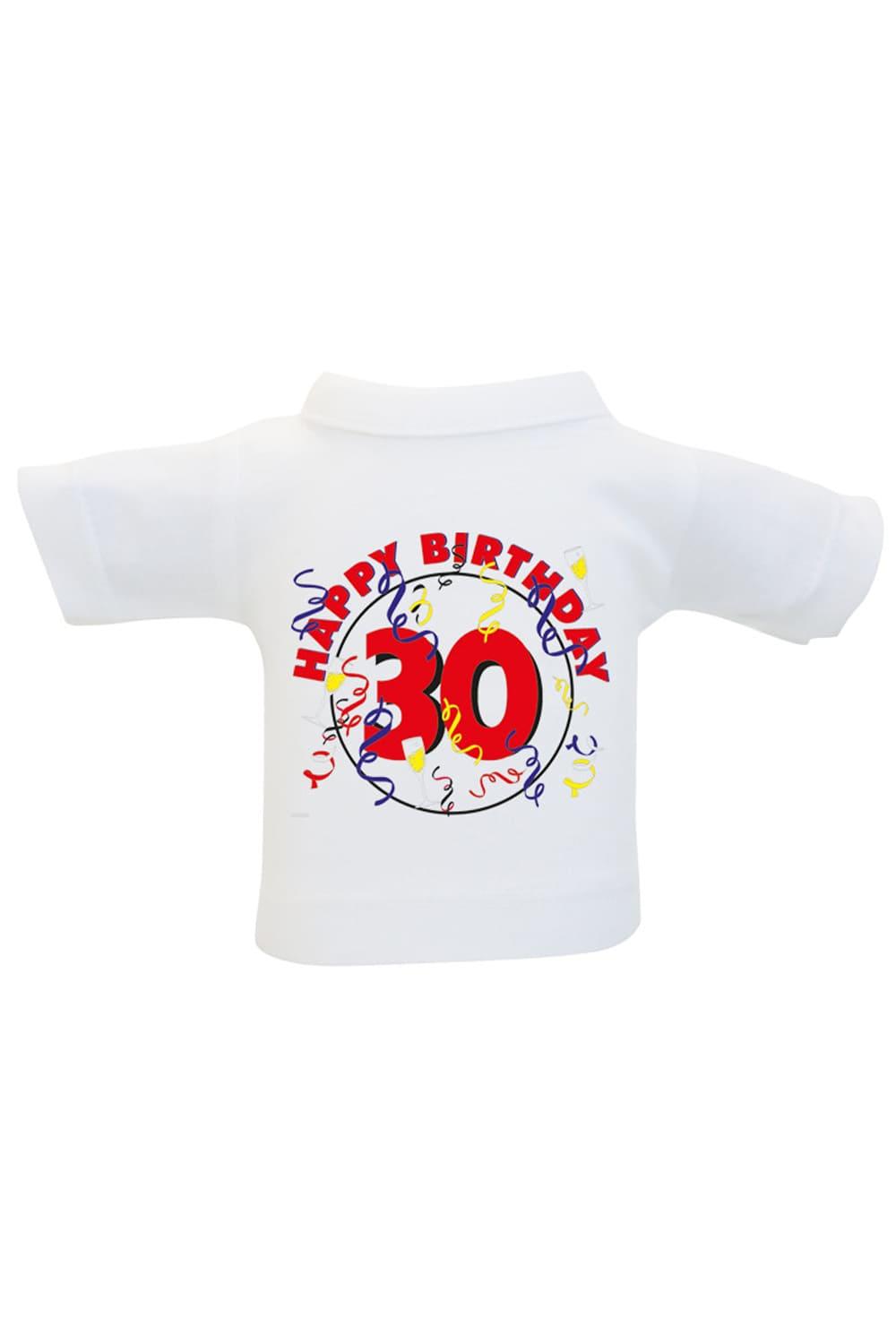 Das Mini T-Shirt ist ein lustiges Accessoire fuer Plueschtiere, Geschenke und Flaschen. Einfach das Mini Shirt einer Weinflasche oder einem Teddy anziehen und fertig ist die originelle Geschenkverpackung. Kleines Flaschenshirt mit der Aufschrift: Happy Birthday 30.