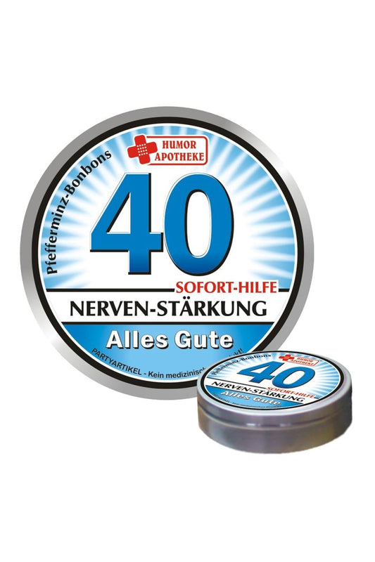 Diese Bonbons sind der Renner. Japanische Minz-Bonbons in der Dose mit dem Spruch: Nerven-Staerkung. Alles Gute. Ein lustiges Geschenk zum 40. Geburtstag!