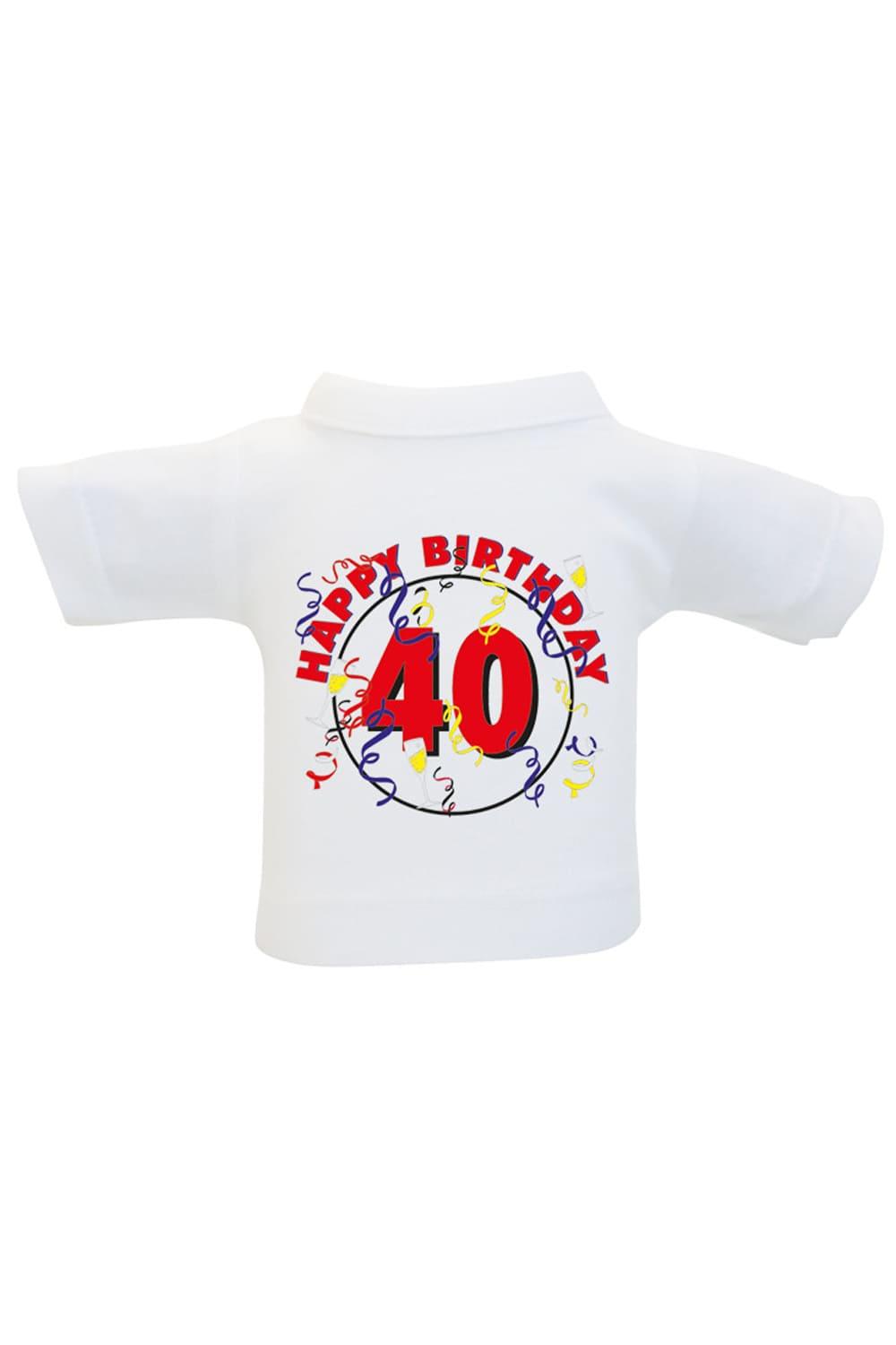Das Mini T-Shirt ist ein lustiges Accessoire fuer Plueschtiere, Geschenke und Flaschen. Einfach das Mini Shirt einer Weinflasche oder einem Teddy anziehen und fertig ist die originelle Geschenkverpackung. Kleines Flaschenshirt mit der Aufschrift: Happy Birthday 40.