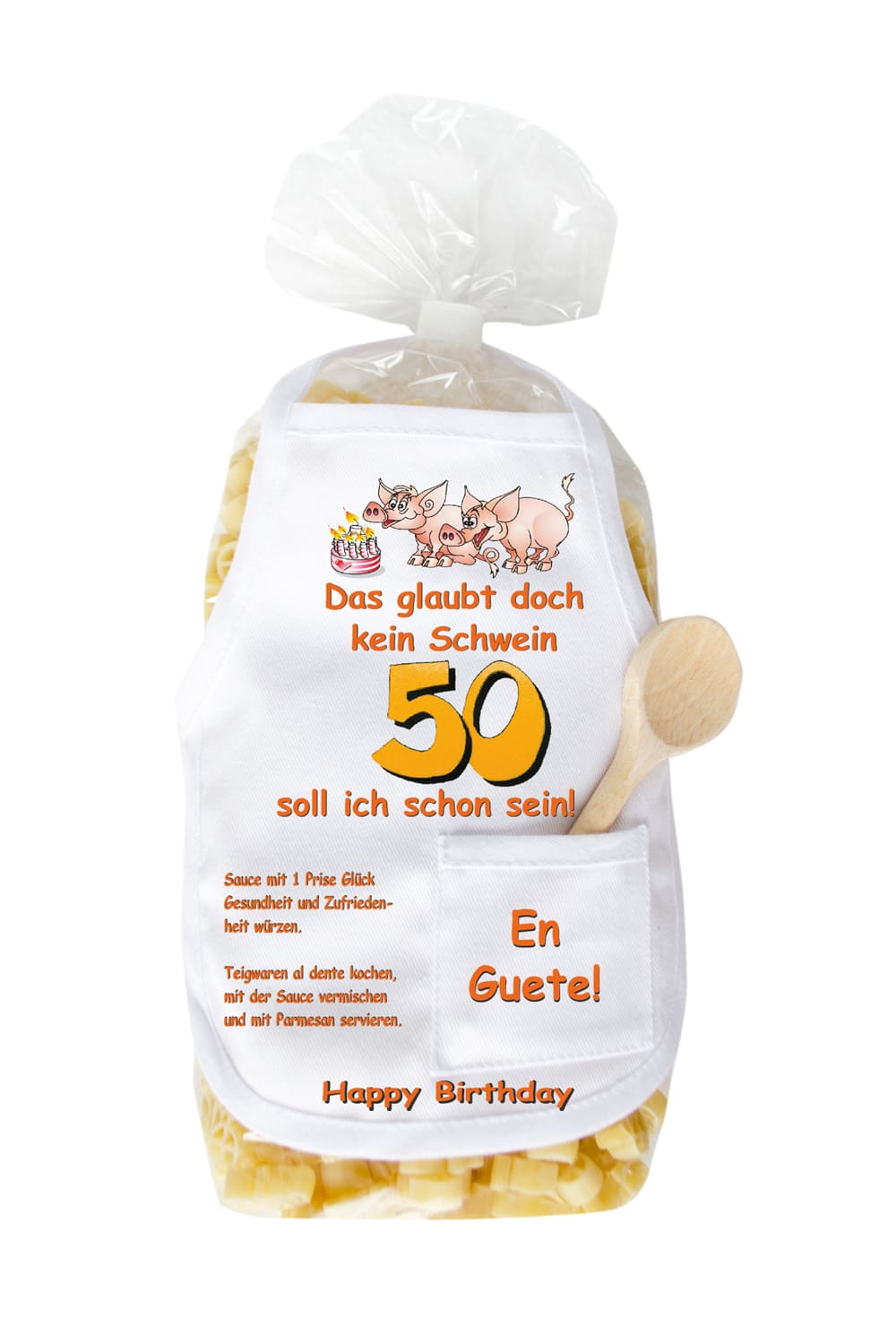 Die Pasta zum 50. Geburtstag sind in Form eines Schweinchen und in einer schoenen Verpackung. Auf der Mini Kochschuerze sind Schweine und eine Torte abgebildet sowie der Spruch: Das glaubt doch kein Schwein, 50 soll ich schon sein. Grossartiges Geburtstagsgeschenk zum 50. Geburtstag.