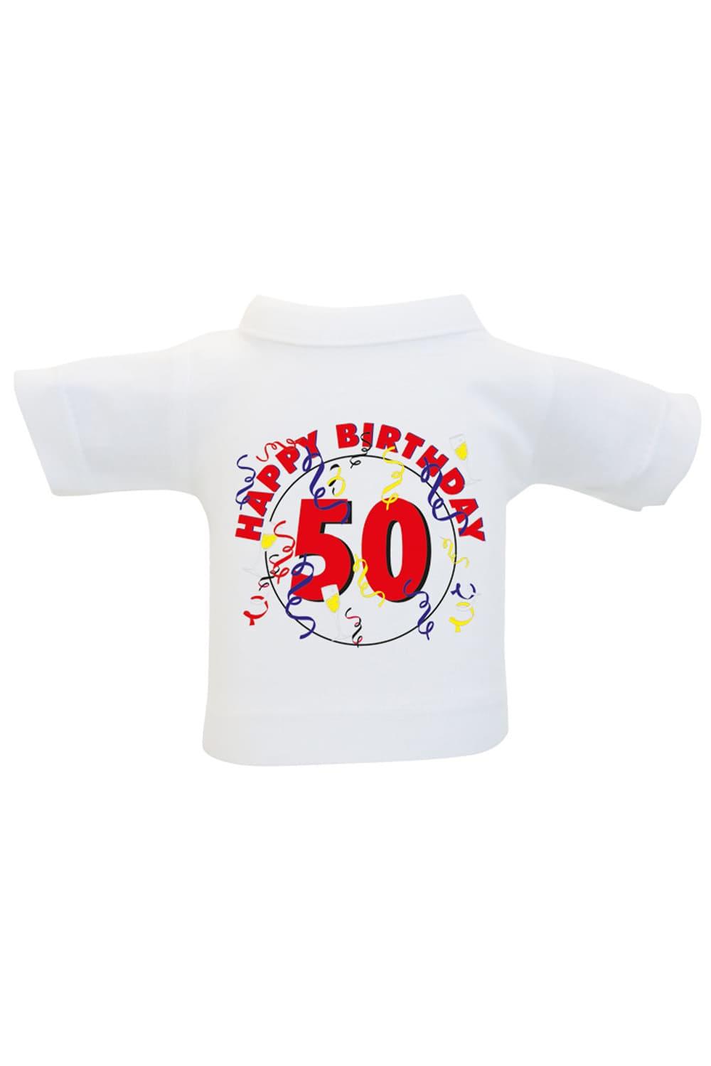 Das Mini T-Shirt ist ein lustiges Accessoire fuer Plueschtiere, Geschenke und Flaschen. Einfach das Mini Shirt einer Weinflasche oder einem Teddy anziehen und fertig ist die originelle Geschenkverpackung. Kleines Flaschenshirt mit der Aufschrift: Happy Birthday 50.