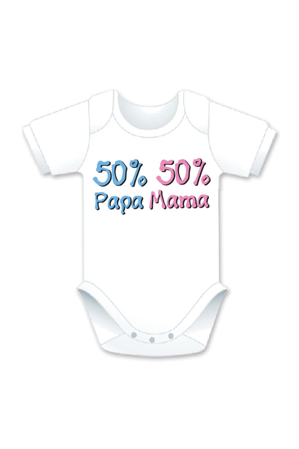 Dieser kurzarm Baby Body ist ein echt suesses Geschenk fuer ein Junge oder ein Maedchen. Der Baby-Body mit dem Spruch: 50% Papa und 50% Mama. Aus Baumwolle.
