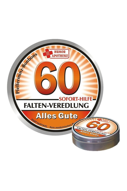 Diese Bonbons sind der Renner. Japanische Minz-Bonbons in der Dose mit dem Spruch: Falten-Veredlung. Alles Gute. Ein lustiges Geschenk zum 60. Geburtstag!