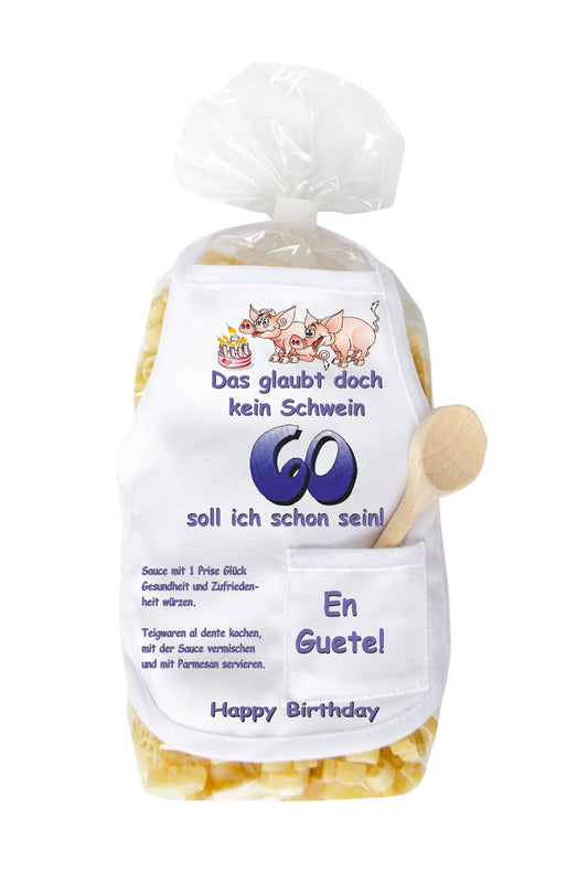 Die Pasta zum 60. Geburtstag sind in Form eines Schweinchen und in einer schoenen Verpackung. Auf der Mini Kochschuerze sind Schweine und eine Torte abgebildet sowie der Spruch: Das glaubt doch kein Schwein, 60 soll ich schon sein. Grossartiges Geburtstagsgeschenk zum 60. Geburtstag.