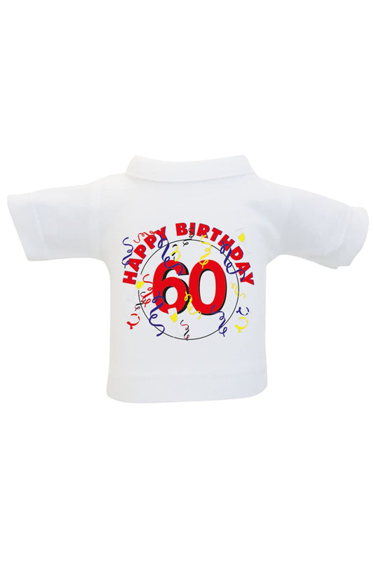 Das Mini T-Shirt ist ein lustiges Accessoire fuer Plueschtiere, Geschenke und Flaschen. Einfach das Mini Shirt einer Weinflasche oder einem Teddy anziehen und fertig ist die originelle Geschenkverpackung. Kleines Spruchshirt mit der Aufschrift: Happy Birthday 60. 