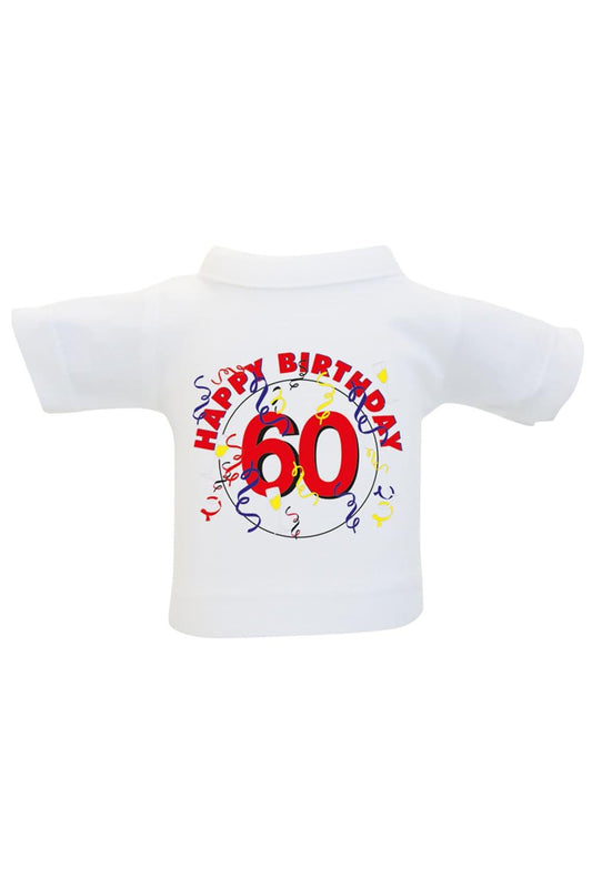 Das Mini T-Shirt ist ein lustiges Accessoire fuer Plueschtiere, Geschenke und Flaschen. Einfach das Mini Shirt einer Weinflasche oder einem Teddy anziehen und fertig ist die originelle Geschenkverpackung. Kleines Flaschenshirt mit der Aufschrift: Happy Birthday 60.