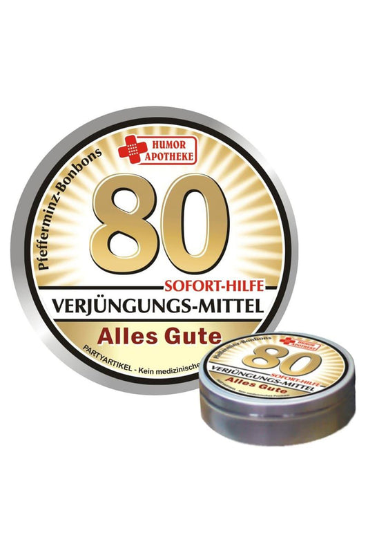 Die Bonbons sind der Renner. Japanische Minz-Bonbons in der Dose mit dem Spruch: Verjuengungs-Mittel. Alles Gute. Lustiges Geschenk zum 80. Geburtstag!