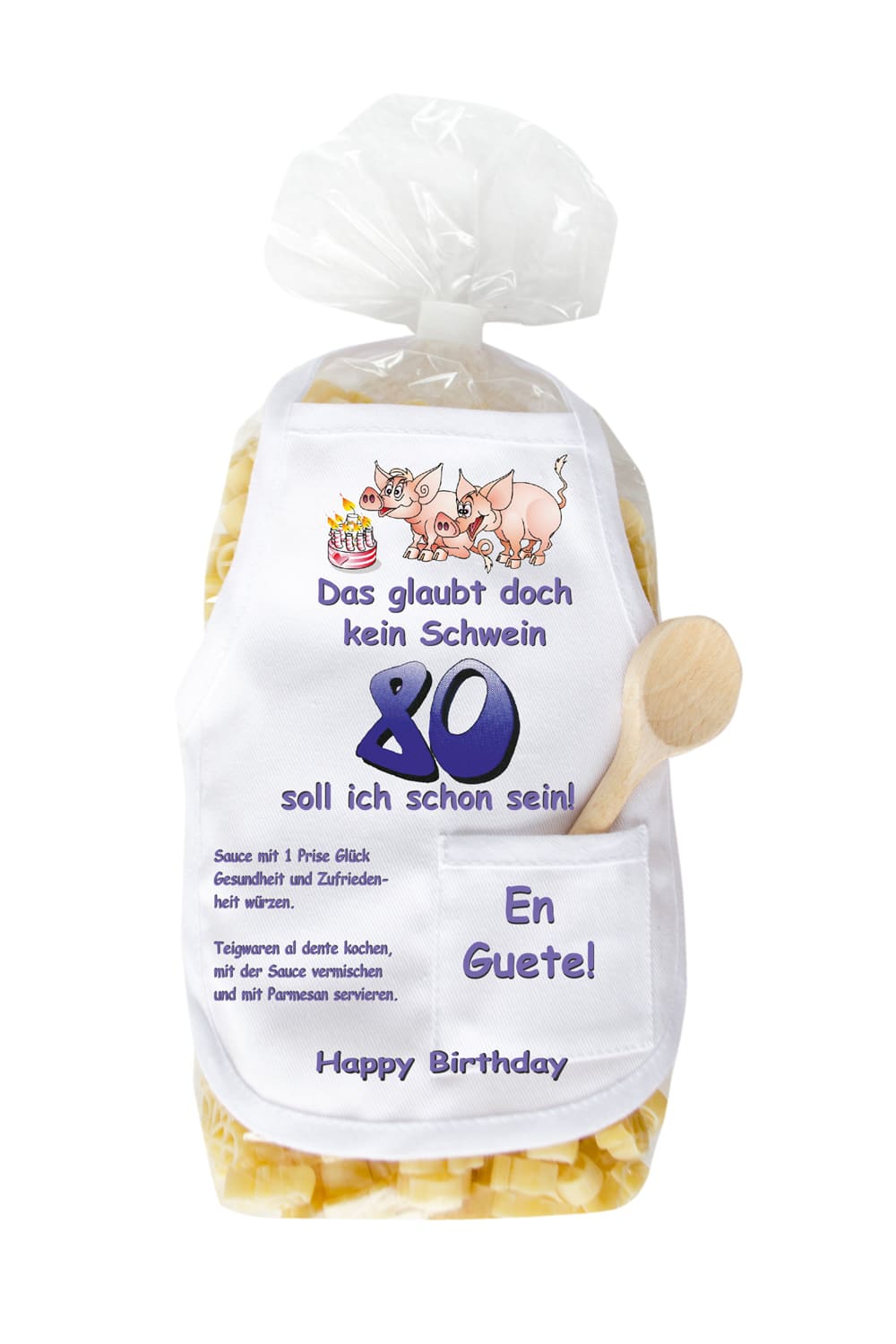 Die Pasta zum 80. Geburtstag sind in Form eines Schweinchen und in einer schönen Verpackung. Auf der Mini Kochschuerze sind Schweine und eine Torte abgebildet sowie der Spruch: Das glaubt doch kein Schwein, 80 soll ich schon sein. Zusaetzlich befindet sich in der kleinen Tasche, ein kleiner Kochloeffel aus Holz.