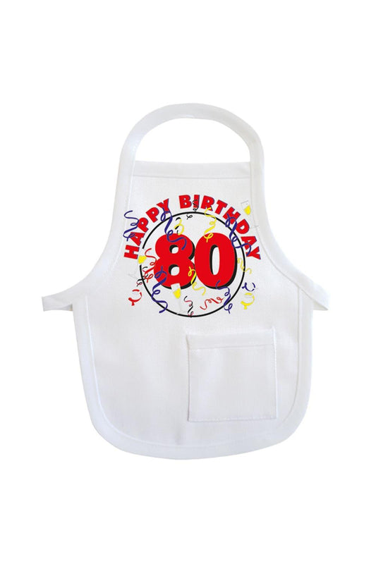 Einfach die Mini-Schuerze um eine Flasche oder um ein Geschenk haengen & binden und fertig ist die originelle Geschenkverpackung. Die Flaschenschuerze  mit der Aufschrift: Happy Birthday . Zusaetzlich ist auf der kleinen Schuerze die Geburtstagszahl 80 aufgedruckt. Eine kreative Geschenkverpackung zum 80. Geburtstag.