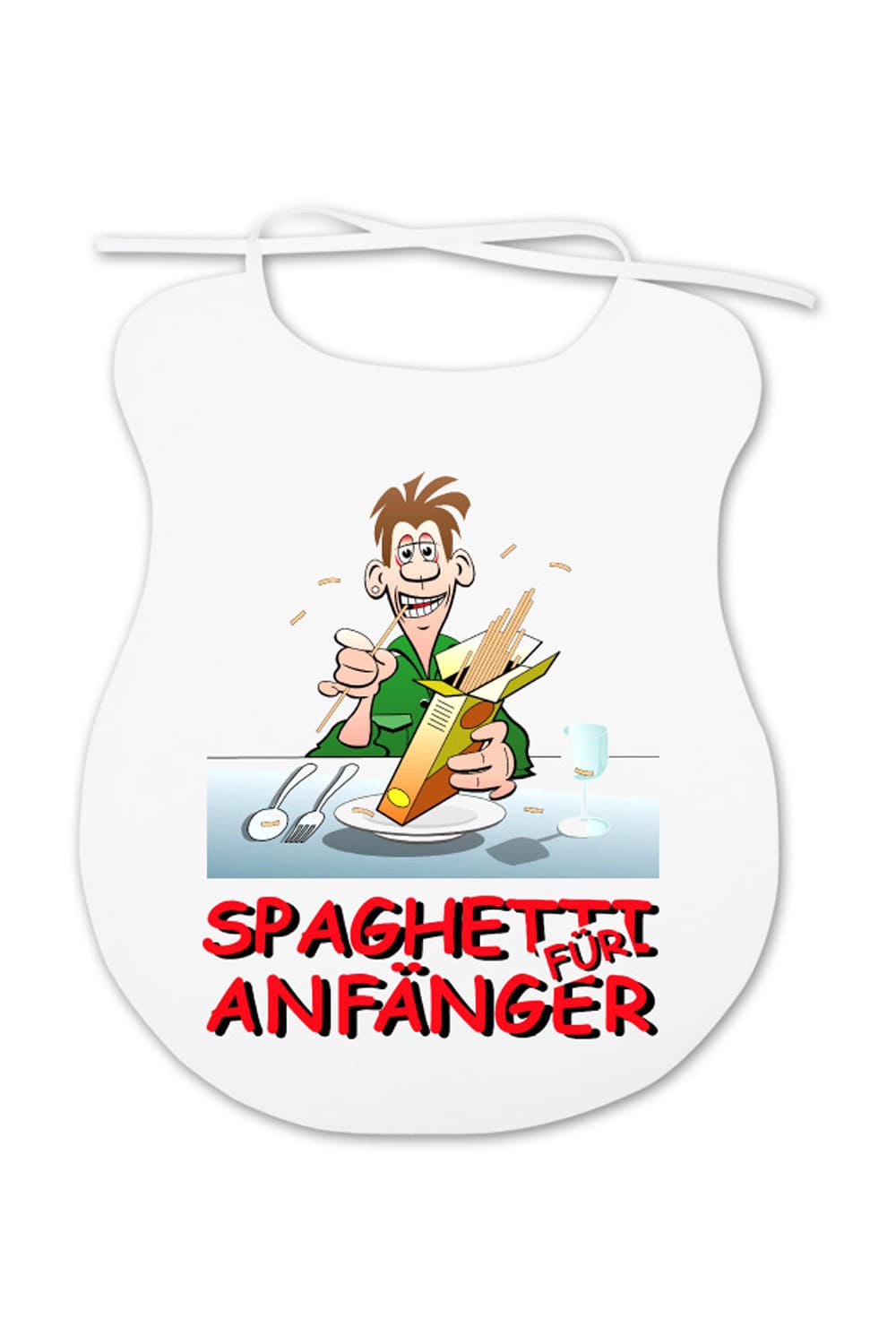 Der Latz ist ein lustiges Geschenk fuer Erwachsene, die beim Essen auch mal kleckern. Der Spaghettilatz mit witzigem Bild und der Aufschrift: Spaghetti Anfaenger.