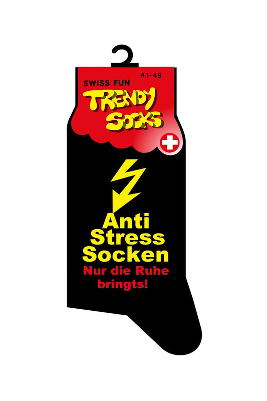 Spasssocken mit der Aufschrift: Anti Stress Socken nur die Ruhe bringt! Zusaetzlich ist auf den Socken ein gelber Blitz abgebildet. Diese witzigen Socken sind einfach ein grossartiges Geschenk für alle Menschen die eine grosse Portion an Anti Stress, vertragen koennten. 
