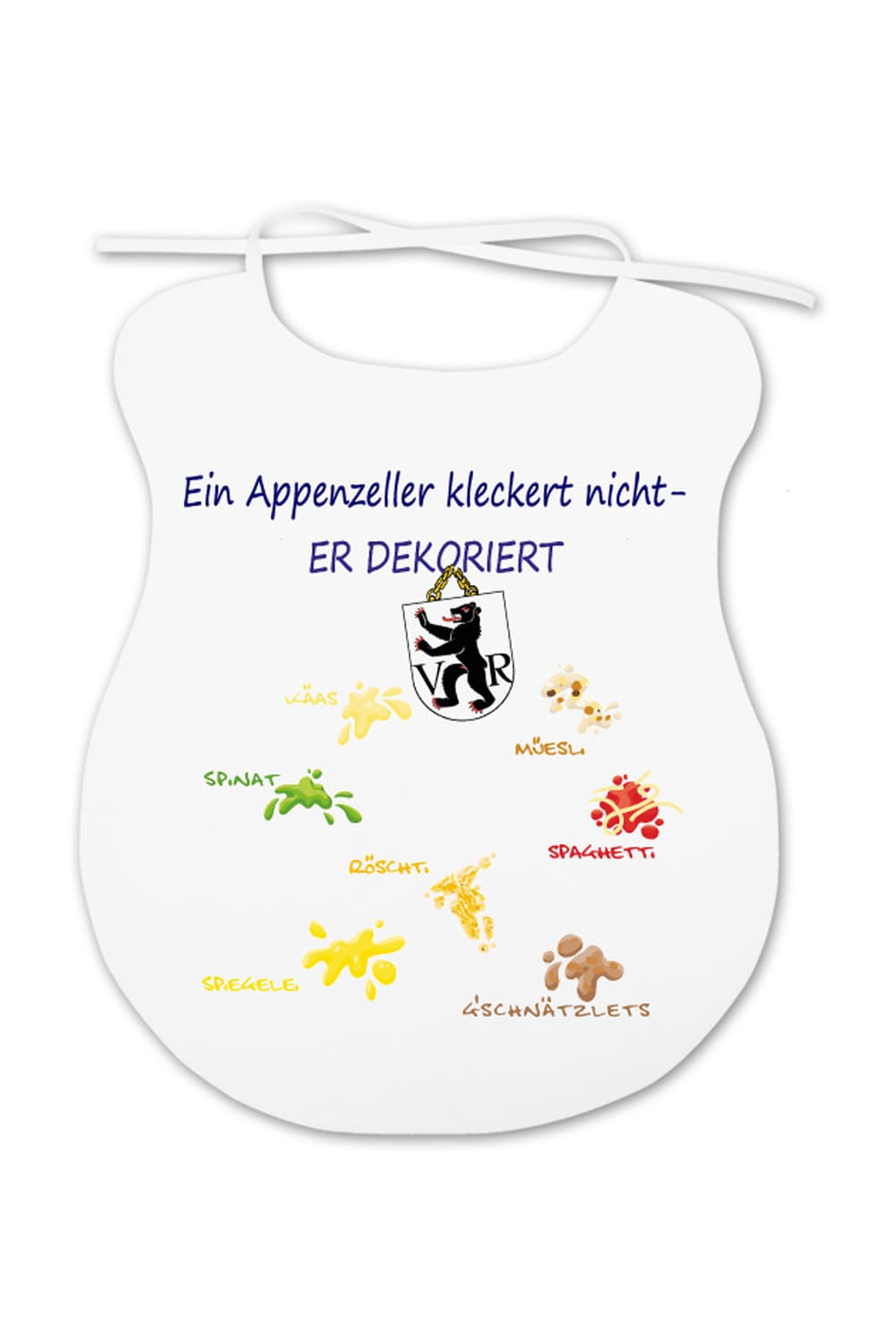 Dieser Esslatz ist ein lustiges Geschenk fuer alle Erwachsene, die mehr oder weniger beim Essen kleckern. Auf dem Spaghettilatz steht der Spruch: Ein Appenzeller kleckert nicht, er dekoriert. Zusaetzlich sind witzige Flecken mit Essensbezeichnungen und das Wappen aufgedruckt. Auch ideal als Souvenir Dekoration.