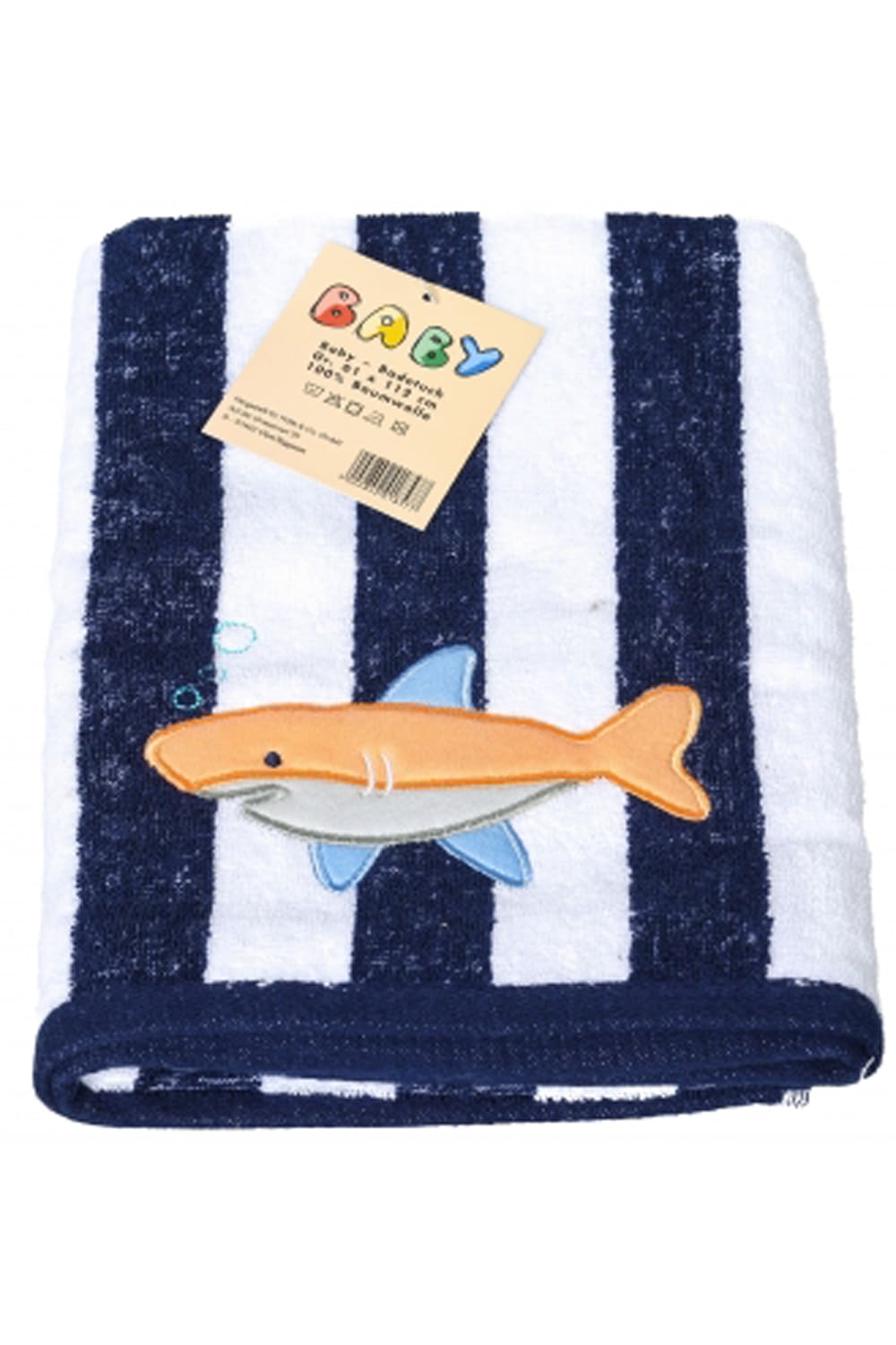 Ein praktisches Geschenk fuer Babys, Neugeborene und Kleinkinder. Das Baby Badetuch ist aus 100% Baumwolle. In der Farbe dunkelblau und mit Haifisch Motivbild.