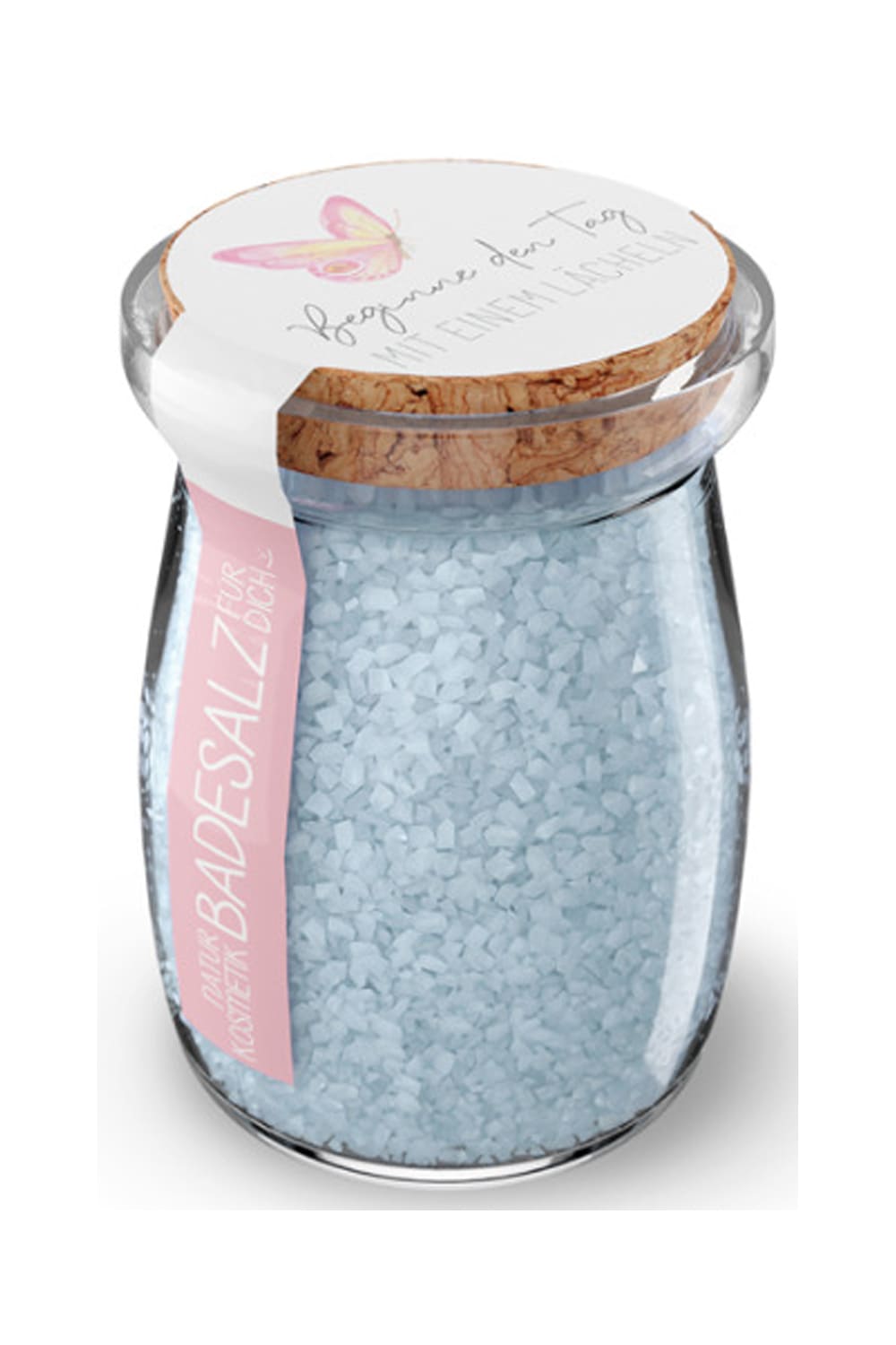 Badesalz im Glas mit Korkdeckel und dem Spruch: Beginne den Tag mit einem Laecheln.