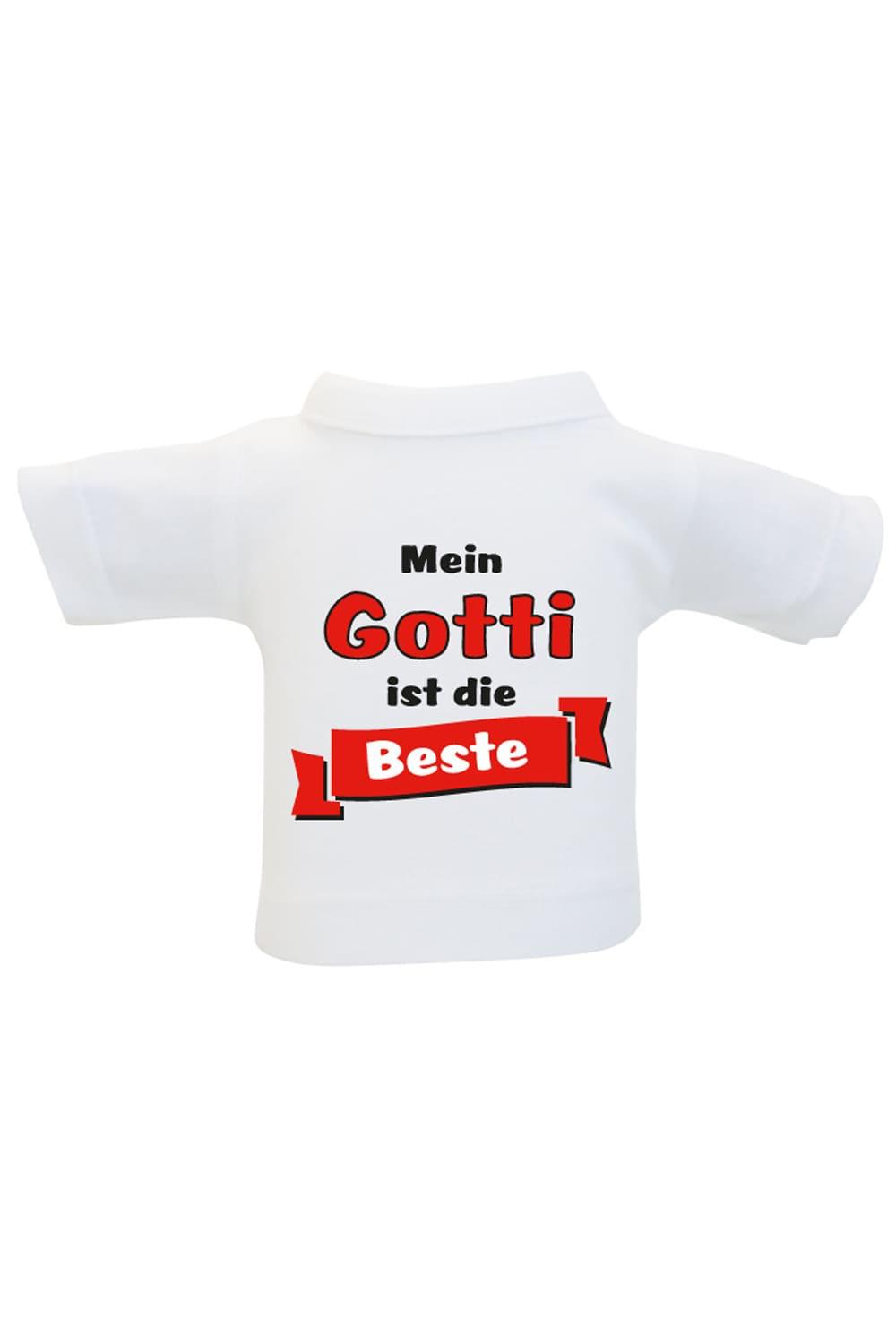 Das Mini T-Shirt ist ein lustiges Accessoire fuer Plueschtiere, Geschenke und Flaschen. Einfach das Mini Shirt einer Weinflasche oder einem Teddy anziehen und fertig ist die originelle Geschenkverpackung. Kleines Flaschenshirt mit der Aufschrift: Mein Gotti ist die Beste. Zum Geburtstag oder zu Weihnachten.