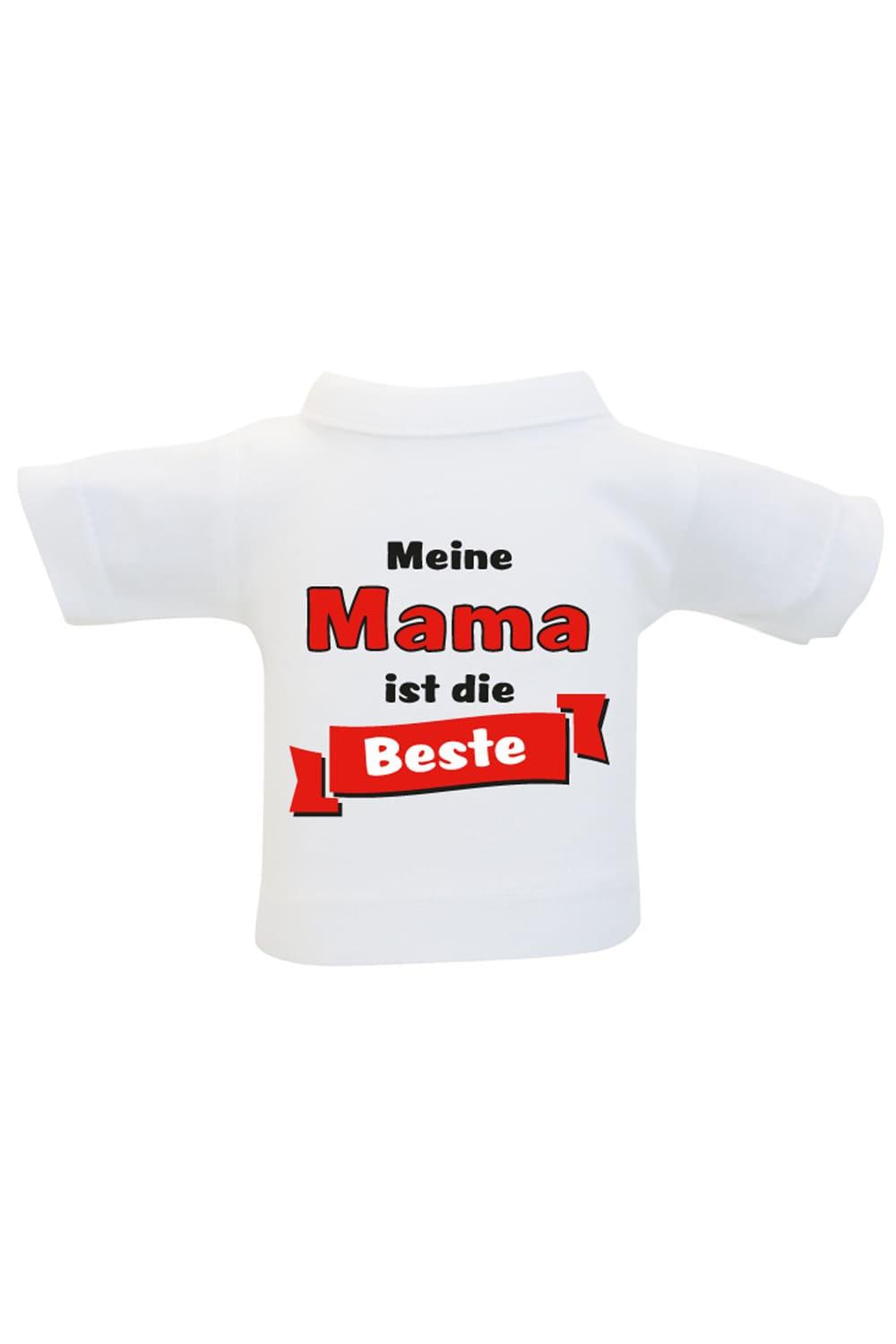 Das Mini T-Shirt ist ein lustiges Accessoire fuer Plueschtiere, Geschenke und Flaschen. Einfach das Mini Shirt einer Weinflasche oder einem Teddy anziehen und fertig ist die originelle Geschenkverpackung. Kleines Flaschenshirt mit der Aufschrift: Meine Mama ist die Beste. Zum Muttertag, zum Geburtstag oder zu Weihnachten.