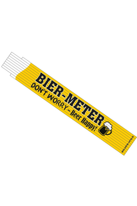 Bier Meter mit dem Spruch: DON'T WORRY - Beer Happy! Der lustige Meter ist das perfekte Maennergeschenk. Dieser einzigartige Bier Meter ist ein kreatives und praktisches Geschenk zum Geburtstag, zu Weihnachten, zum Vatertag oder auch für ein anstehendes Projekt. Auch ein perfektes Biergeschenk für alle Bierliebhaber.