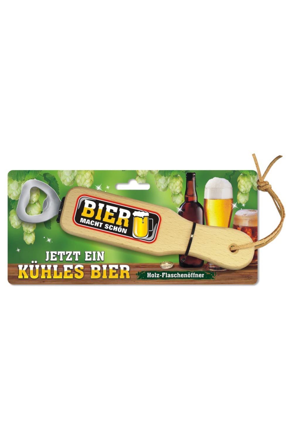 Ein witziges Geschenk für alle Frauen und Maenner, die Spass verstehen und gerne mal ein Bier trinken. Dieser Bier Holzflaschenoeffner hat einen Lederbaendel und kann somit ueberall angehaengt werden. Cooler Bieroeffner, mit einem witzigen 3D-Aufkleber und folgendem Spruch: Bier macht schoen.