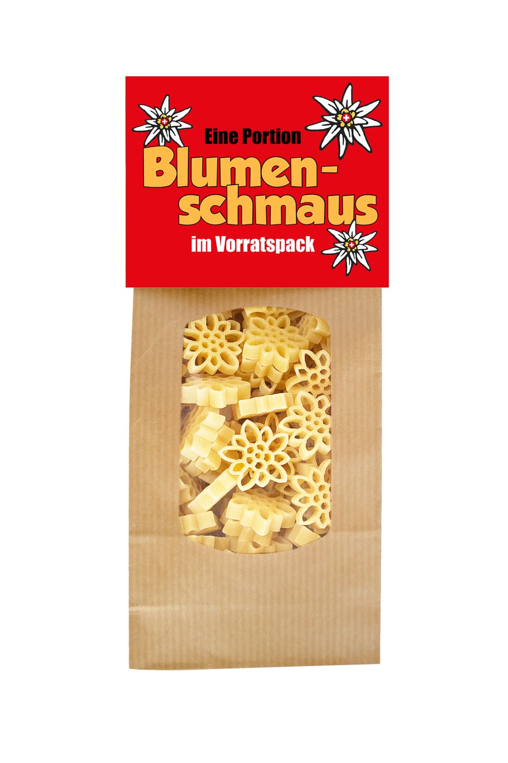 Nudelgeschenk mit dem Spruch: Eine Portion Blumenschmaus im Vorratspack! Die leckeren Pasta sind in Form einer Blume. Das ideales Geschenk zu jedem Anlass. Nudelgeschenk