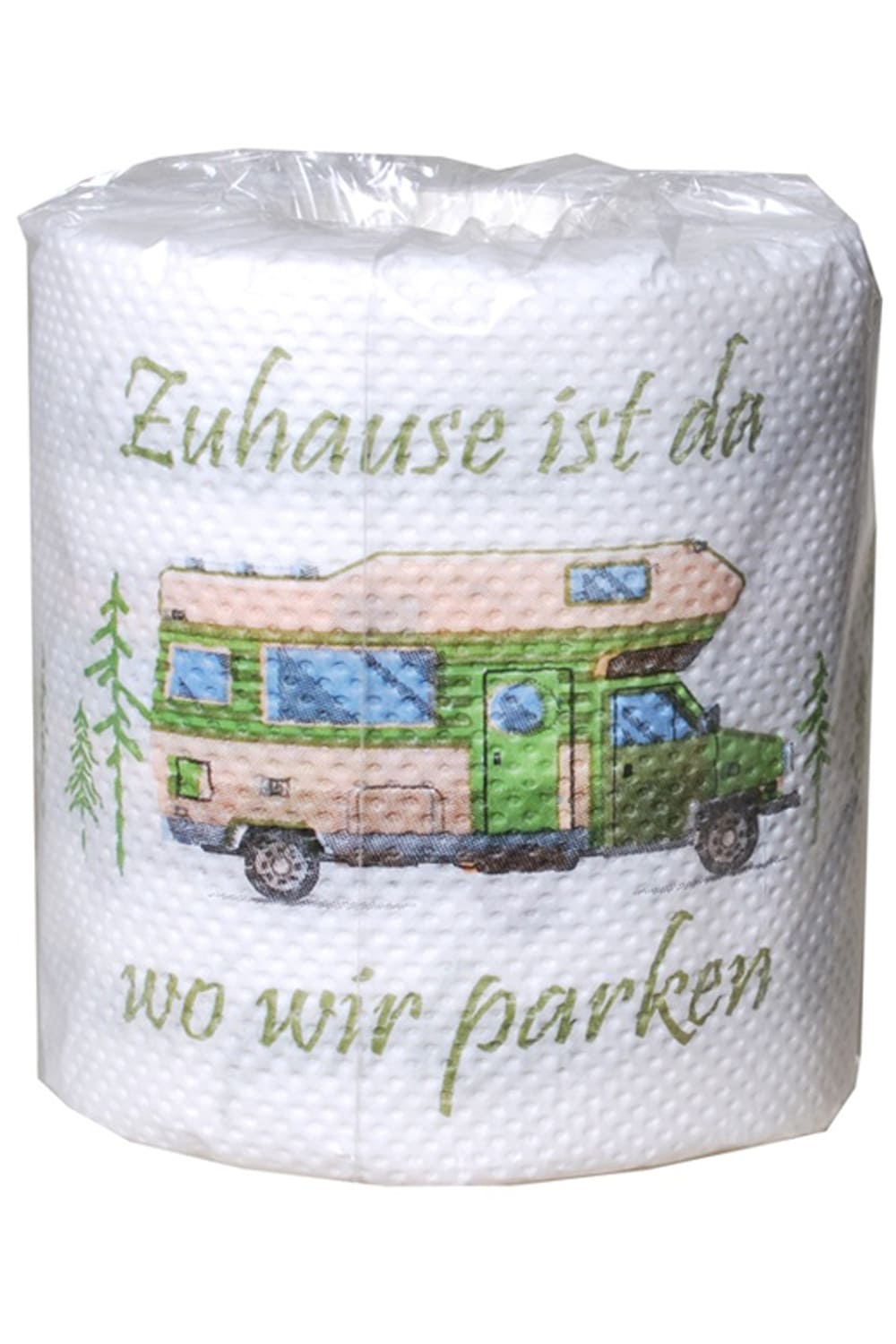 Dieses Camping WC-Papier sorgt fuer die beste Unterhaltung auf dem Klo. Das witzige Klopapier ist einfach ein absoluter Spassfaktor fuer jedes Badezimmer. Mit dem Spruch: Zuhause ist da wo wir parken. Ein lustiges Geschenk oder Mitbringsel fuer alle Menschen die gerne mit dem Wohnmobil unterwegs sind und gerne campen.