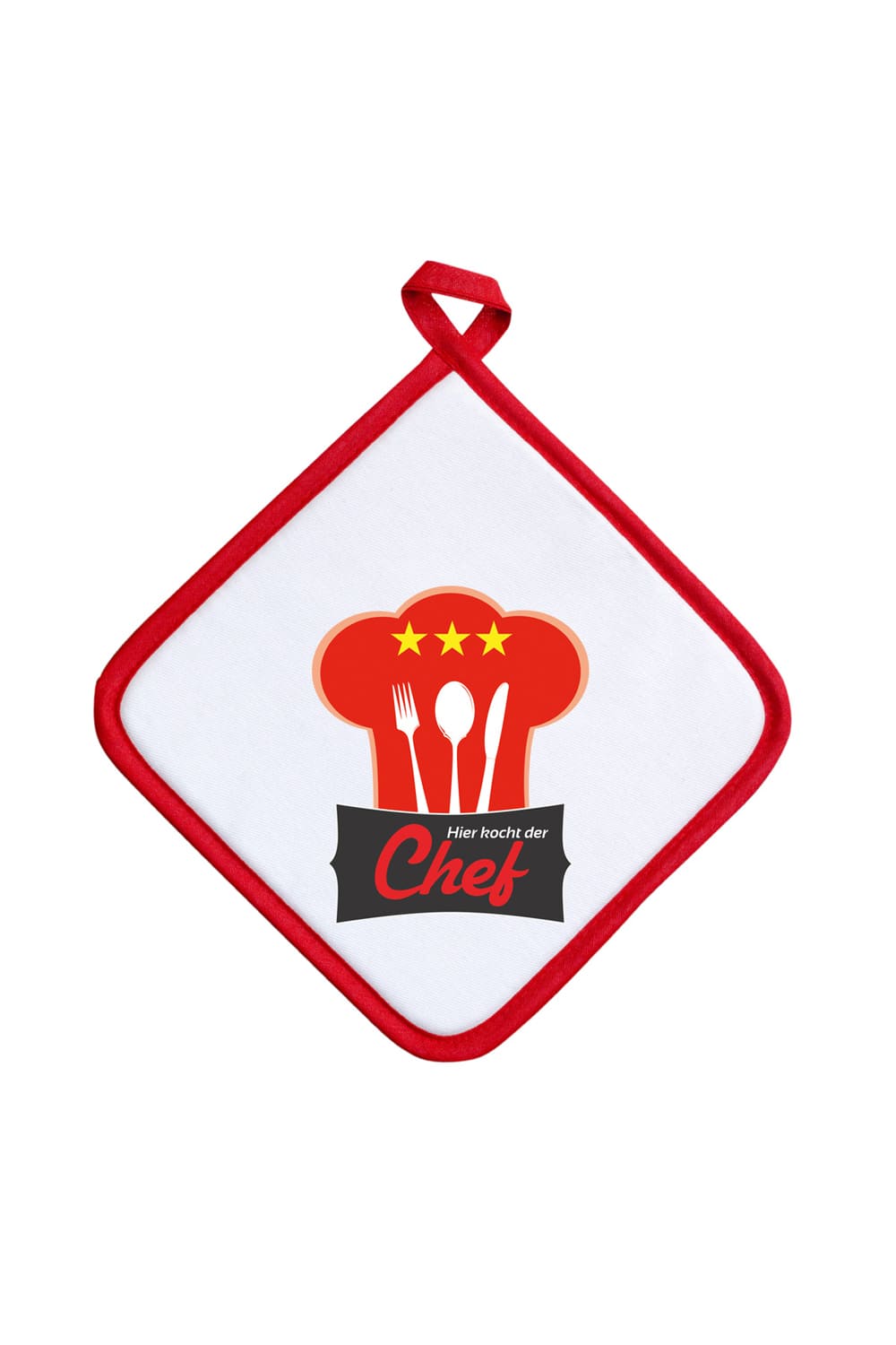 Chef Topflappen als Geschenk. Topflappen mit Spruch: Hier kocht der Chef. Witziger Topflappen für den Grill und Kochspass