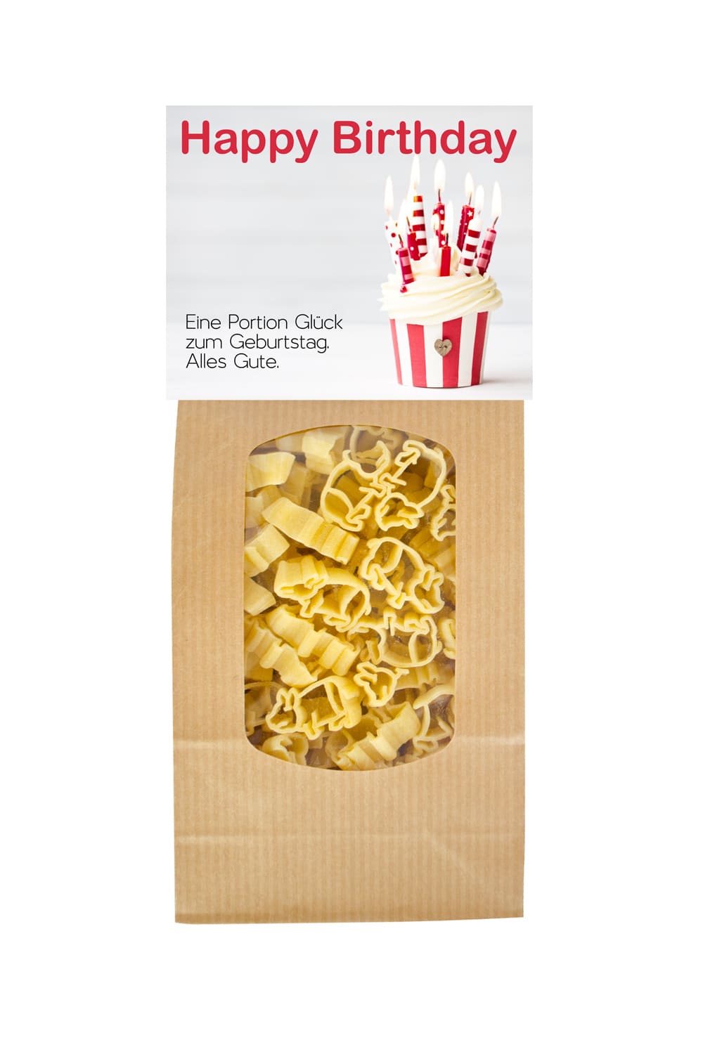 Die Pasta sind in Form eines Schweinchen. Mit dem Spruch: Happy Birthday. Eine Portion Glueck zum Geburtstag. Alles Gute. Ideales Nudelgeschenk!