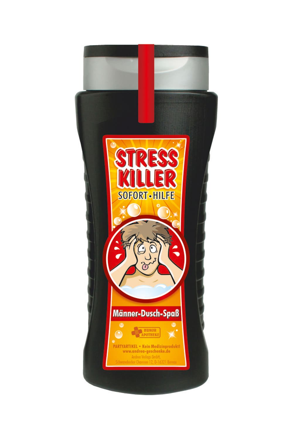 Maenner Duschmittel mit lustigem Bild und dem Spruch: Stresskiller! Das Duschgel ist ein absoluter Duschspass. Jetzt bei Geschenk Insel.