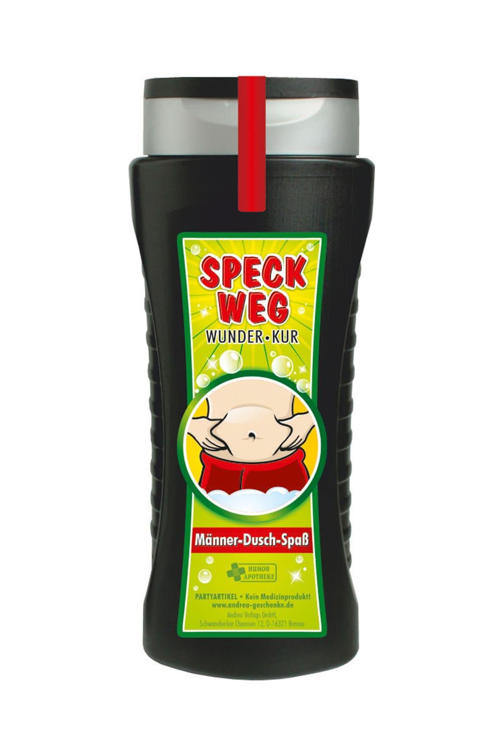 Tolles Duschgel, mit dem lustigem Bild und dem Spruch: Speck weg. Wunder Kur. Maenner Dusch Spass. Ein cooles Duschmittel Geschenk zum Geburtstag, zum Vatertag oder zu Weihnachten. Ein grossartiges Gag Geschenk zum Schmunzeln und fuer einen absoluten Duschspass fuer den Mann.