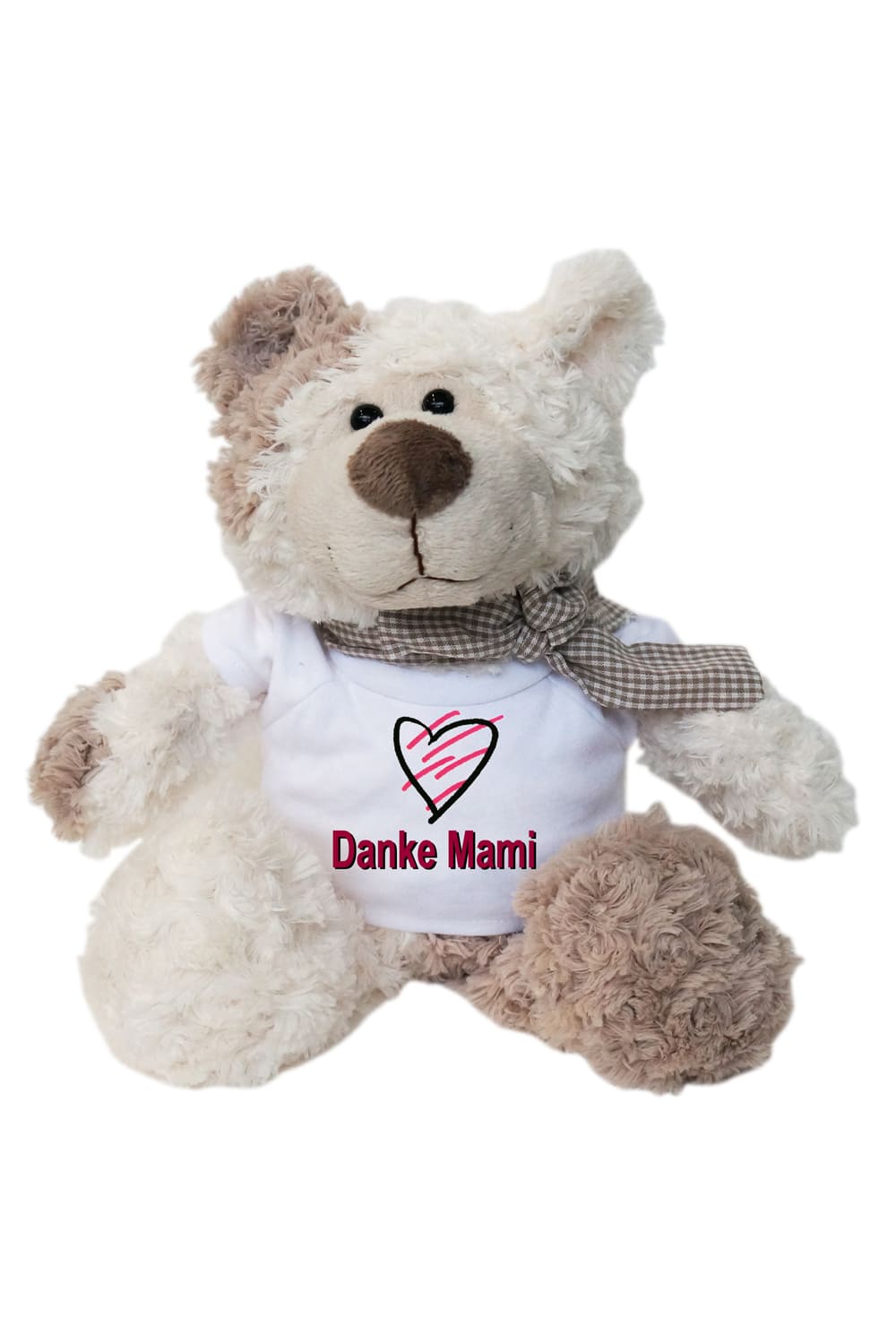 Danke Mami Plueschbaer als Geschenk zum Muttertag. Teddybaer mit Spruch auf dem Shirt und einem Herz. Geschenk fuer die Mama