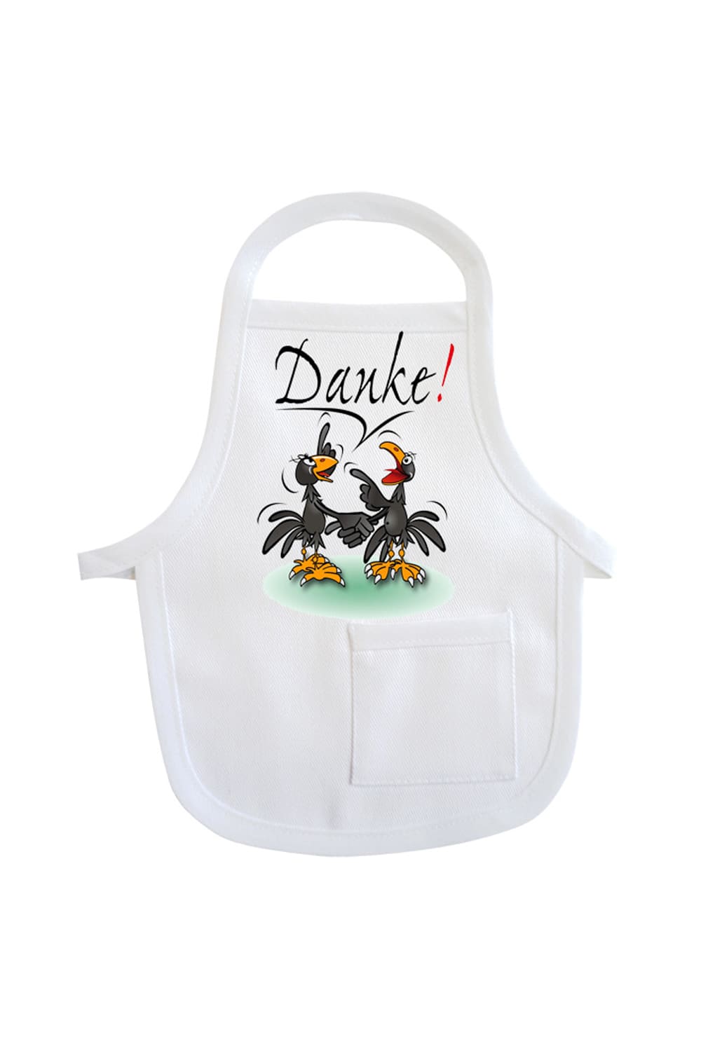 Die Mini Schuerze ist ein lustiges Accessoire fuer Geschenke und Flaschen. Einfach die Flaschenschuerze um eine Flasche oder um ein Geschenk haengen und fertig ist die originelle Geschenkverpackung. Die Mini Schuerze mit der Aufschrift: Danke! Zusaetzlich ist auf der kleinen Schuerze ein Rabe Bild aufgedruckt.