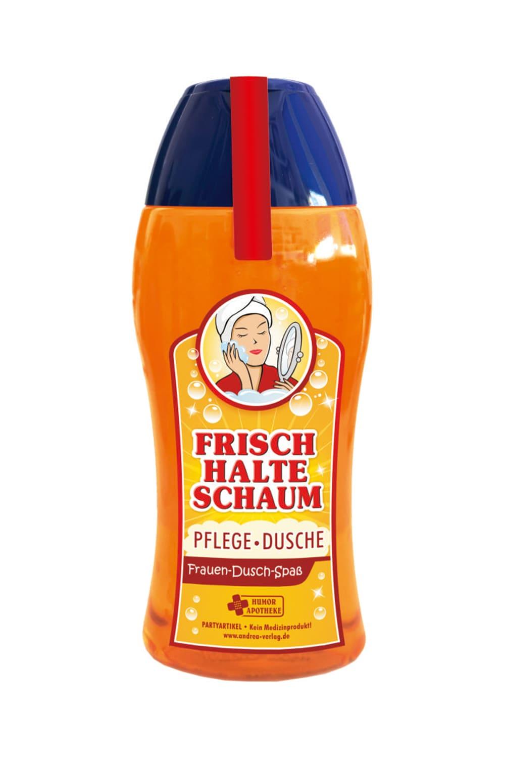 Das Duschmittel kann die Frau zum Baden oder unter der Dusche verwenden. So oder so ist dieses Duschgel ein richtiger Plausch. Tolles Aroma Duschgel, mit Bild und dem Spruch: Frischhalte Schaum, Pflege Dusche. Frauen Dusch Spass. Ein cooles Geschenk zum Geburtstag, zum Muttertag oder zu Weihnachten.