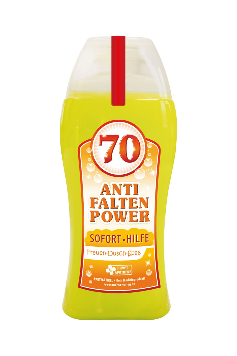 Tolles Frau Aroma Duschgel, mit der Zahl 70 und dem Spruch: Anti Falten Power. Sofort Hilfe. Ein cooles Frauengeschenk zum 70. Geburtstag und ein grossartiges Gag Geschenk zum Schmunzeln, fuer einen absoluten Duschspass.
