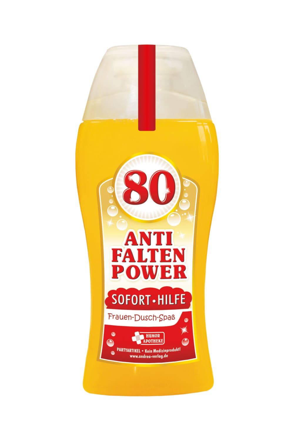Tolles Frau Aroma Duschgel, mit der Zahl 80 und dem Spruch: Anti Falten Power. Sofort Hilfe. Ein cooles Duschmittel zum 80. Geburtstag und ein grossartiges Gag Geschenk zum Schmunzeln, fuer einen absoluten Duschspass.