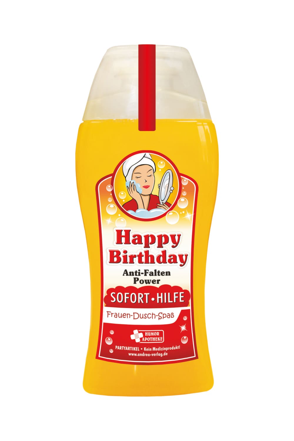 Tolles Frauen Aroma Duschmittel, mit dem lustigem Bild und Spruch: Happy Birthday. Anti-Falten Power. Sofort Hilfe. Ein cooles Frauengeschenk zum Geburtstag und ein grossartiges Gag Geschenk zum Schmunzeln, fuer einen absoluten Duschspass.