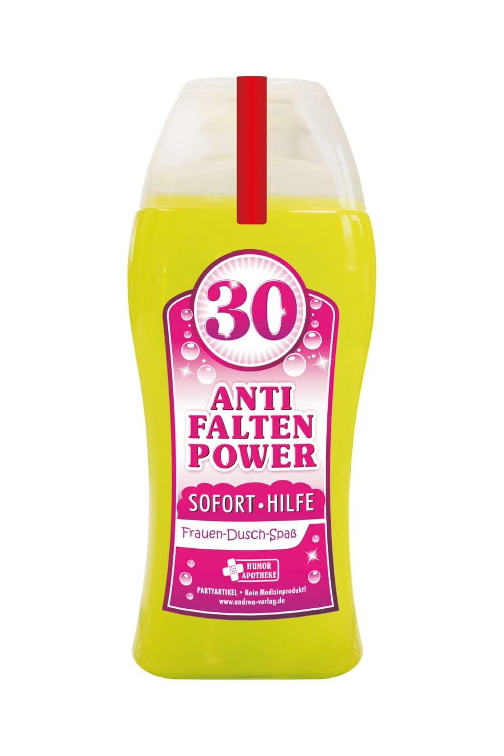 Tolles Frau Aroma Duschgel, mit der Zahl 30 und dem Spruch: Anti Falten Power. Sofort Hilfe. Ein cooles Frauengeschenk zum 30. Geburtstag und ein grossartiges Gag Geschenk zum Schmunzeln, fuer einen absoluten Duschspass.