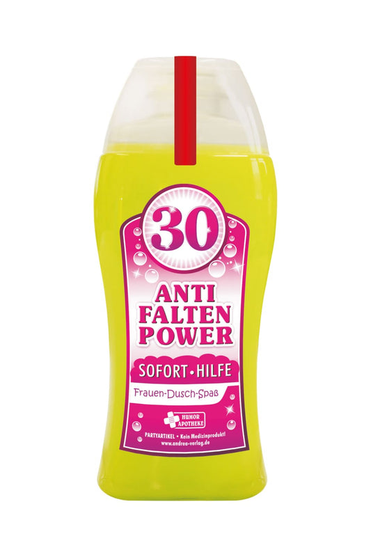 Tolles Frau Aroma Duschgel, mit der Zahl 30 und dem Spruch: Anti Falten Power. Sofort Hilfe. Ein cooles Frauengeschenk zum 30. Geburtstag und ein grossartiges Gag Geschenk zum Schmunzeln, fuer einen absoluten Duschspass.