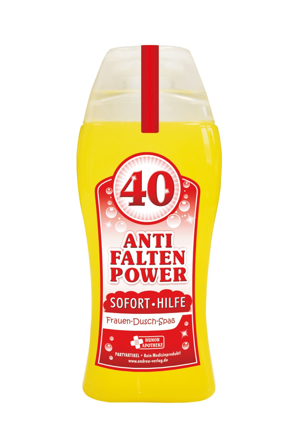 Tolles Frau Aroma Duschgel, mit der Zahl 40 und dem Spruch: Anti Falten Power. Sofort Hilfe. Ein cooles Frauengeschenk zum 40. Geburtstag und ein grossartiges Gag Geschenk zum Schmunzeln, fuer einen absoluten Duschspass.