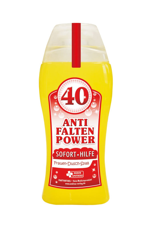 Tolles Frau Aroma Duschgel, mit der Zahl 40 und dem Spruch: Anti Falten Power. Sofort Hilfe. Ein cooles Frauengeschenk zum 40. Geburtstag und ein grossartiges Gag Geschenk zum Schmunzeln, fuer einen absoluten Duschspass.