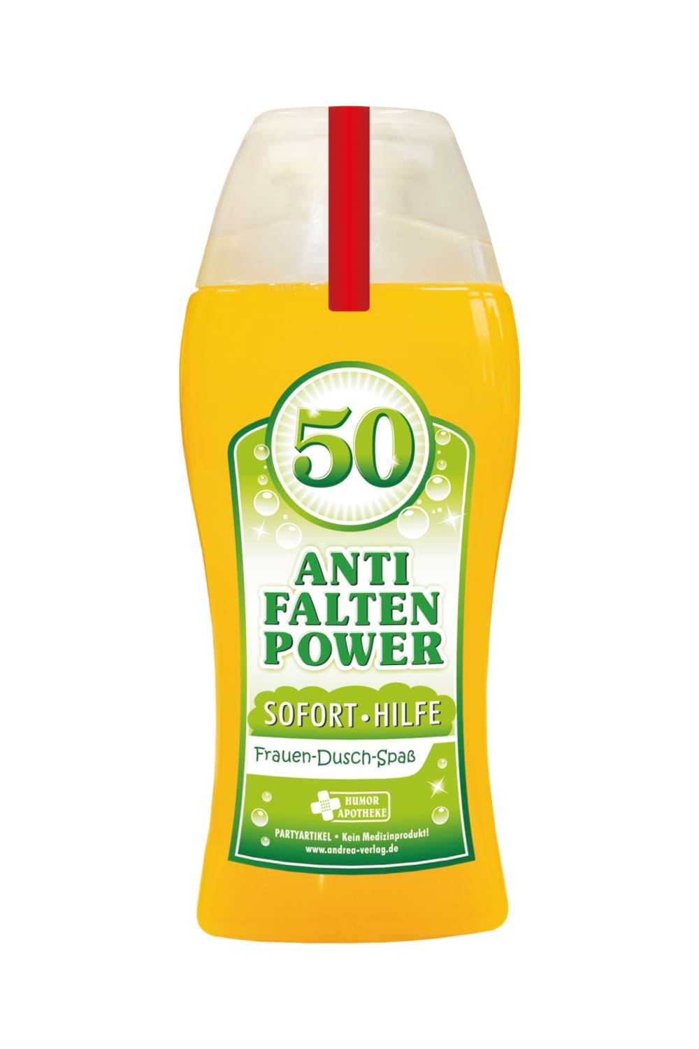 Tolles Frau Aroma Duschgel, mit der Zahl 50 und dem Spruch: Anti Falten Power. Sofort Hilfe. Ein cooles Frauengeschenk zum 50. Geburtstag und ein grossartiges Gag Geschenk zum Schmunzeln, fuer einen absoluten Duschspass.