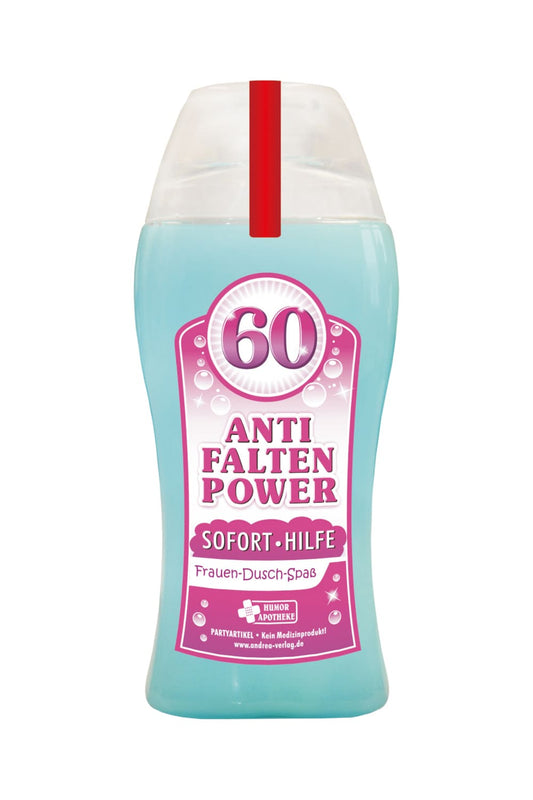 Tolles Frau Aroma Duschgel, mit der Zahl 60 und dem Spruch: Anti Falten Power. Sofort Hilfe. Ein cooles Frauengeschenk zum 60. Geburtstag und ein grossartiges Gag Geschenk zum Schmunzeln, fuer einen absoluten Duschspass.