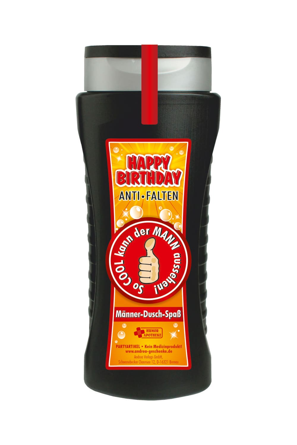 Ein witziges Geschenk fuer Maenner, die Spass verstehen. Dieses Duschmittel ist ein richtiger Plausch. Tolles Duschgel, mit dem Spruch: Happy Birthday. Anti-Falten. So cool kann der Mann aussehen. Ein cooles Maennergeschenk zum Geburtstag und ein grossartiges Gag Geschenk zum Schmunzeln, fuer einen absoluten Duschspass.