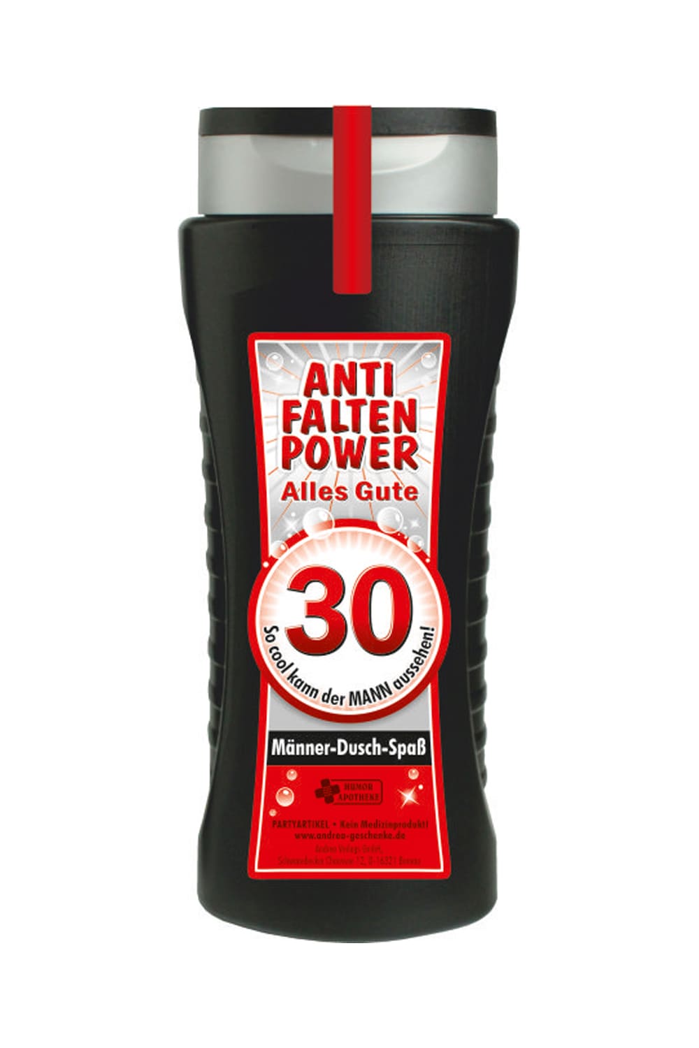 Tolles Maenner Duschgel, mit der Zahl 30 und dem Spruch: Anti Falten Power. Alles Gute. So cool kann der Mann aussehen. fuer ein cooles Geschenk zum 30. Geburtstag. Ein grossartiges Gag Geschenk zum Schmunzeln und fuer einen absoluten Duschspass.