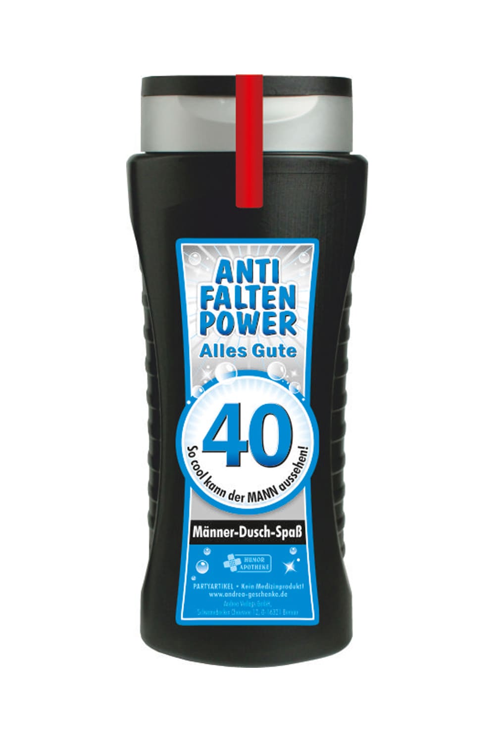 Tolles Maenner Duschgel, mit der Zahl 40 und dem Spruch: Anti Falten Power. Alles Gute. So cool kann der Mann aussehen. fuer ein cooles Geschenk zum 40. Geburtstag. Ein grossartiges Gag Geschenk zum Schmunzeln und fuer einen absoluten Duschspass.