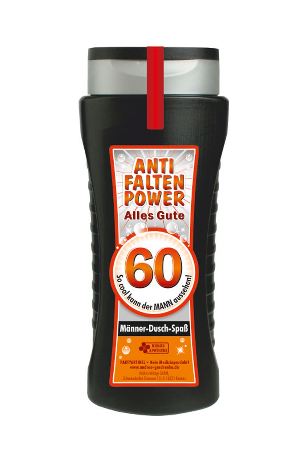 Tolles Maenner Duschgel, mit der Zahl 60 und dem Spruch: Anti Falten Power. Alles Gute. So cool kann der Mann aussehen. fuer ein cooles Geschenk zum 60. Geburtstag. Ein grossartiges Gag Geschenk zum Schmunzeln und fuer einen absoluten Duschspass.