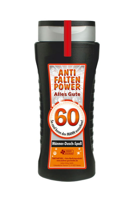 Tolles Maenner Duschgel, mit der Zahl 60 und dem Spruch: Anti Falten Power. Alles Gute. So cool kann der Mann aussehen. fuer ein cooles Geschenk zum 60. Geburtstag. Ein grossartiges Gag Geschenk zum Schmunzeln und fuer einen absoluten Duschspass.